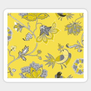 Exotic chintz with bird - ultimate gray & illuminating yellow. Pantone colors of the year 2021 Sticker